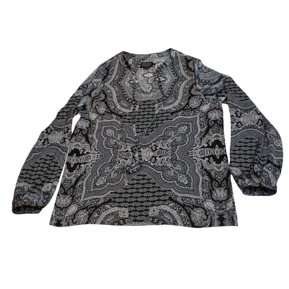 Pendleton Shirt Blouse Womens Medium Paisley Blue Gray Long Button Cuff Sleeve
